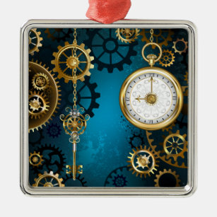 Steampunk turquoise Background with Gears Metal Tree Decoration