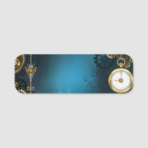 Steampunk turquoise Background with Gears Name Tag
