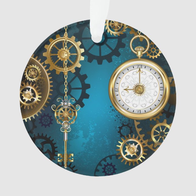 Steampunk turquoise Background with Gears Ornament (Front)