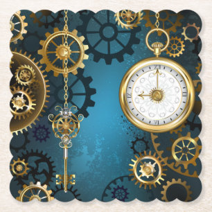 Steampunk turquoise Background with Gears Paper Coaster