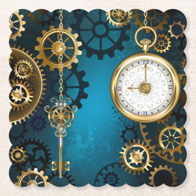 Steampunk turquoise Background with Gears Paper Coaster (Front)