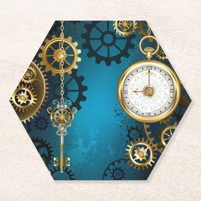 Steampunk turquoise Background with Gears Paper Coaster (Front)