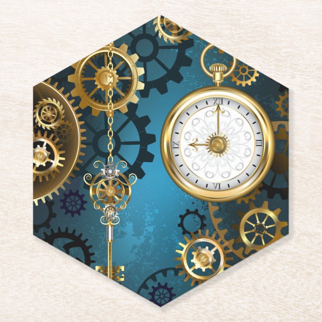 Steampunk turquoise Background with Gears Paper Coaster (Front)