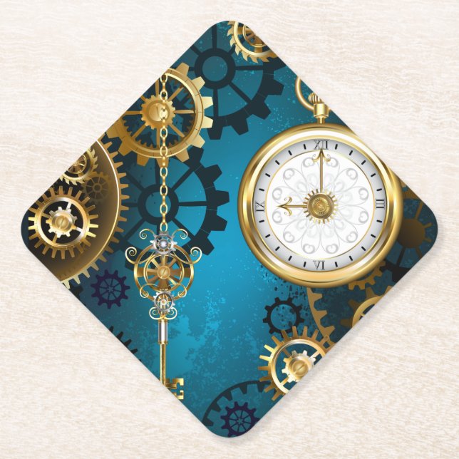 Steampunk turquoise Background with Gears Paper Coaster (Front)
