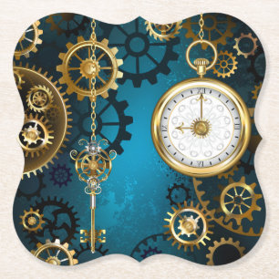 Steampunk turquoise Background with Gears Paper Coaster