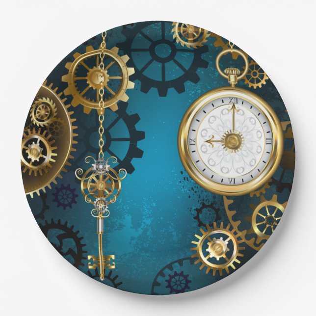 Steampunk turquoise Background with Gears Paper Plate (Front)
