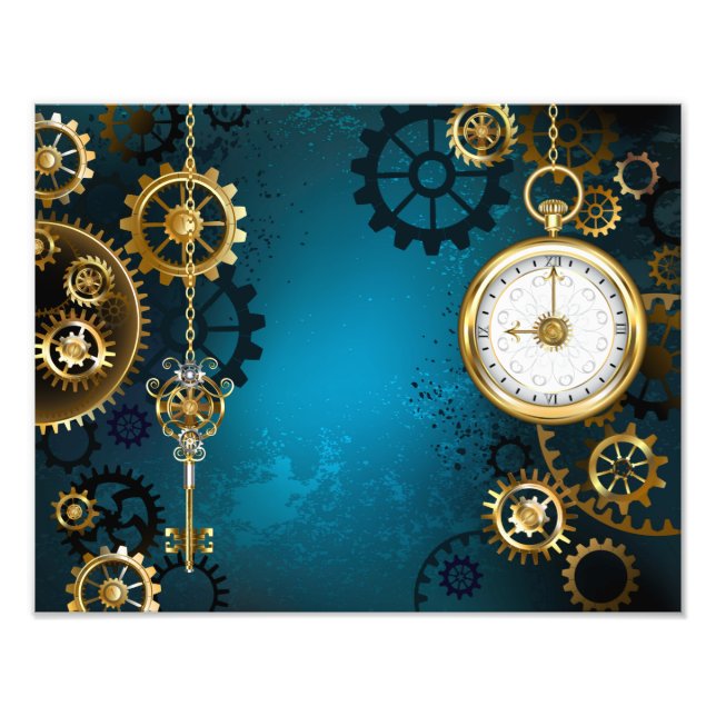 Steampunk turquoise Background with Gears Photo Print (Front)