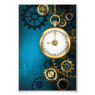 Steampunk turquoise Background with Gears Photo Print