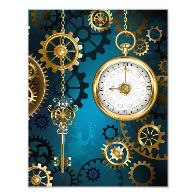 Steampunk turquoise Background with Gears Photo Print (Front)