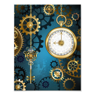 Steampunk turquoise Background with Gears Photo Print