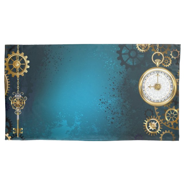 Steampunk turquoise Background with Gears Pillowcase (Front-Left)