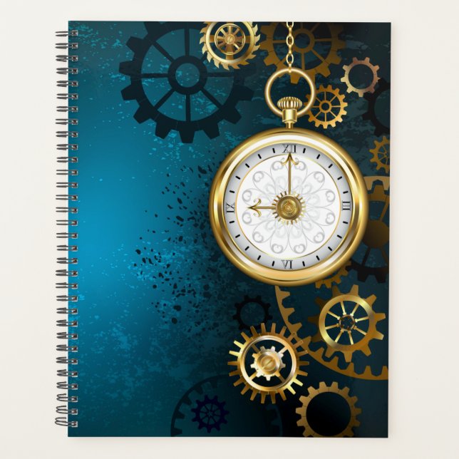Steampunk turquoise Background with Gears Planner (Front)