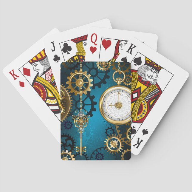 Steampunk turquoise Background with Gears Playing Cards (Back)