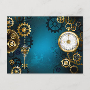 Steampunk turquoise Background with Gears Postcard