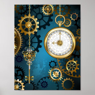 Steampunk turquoise Background with Gears Poster