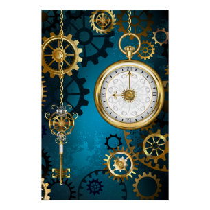 Steampunk turquoise Background with Gears Poster