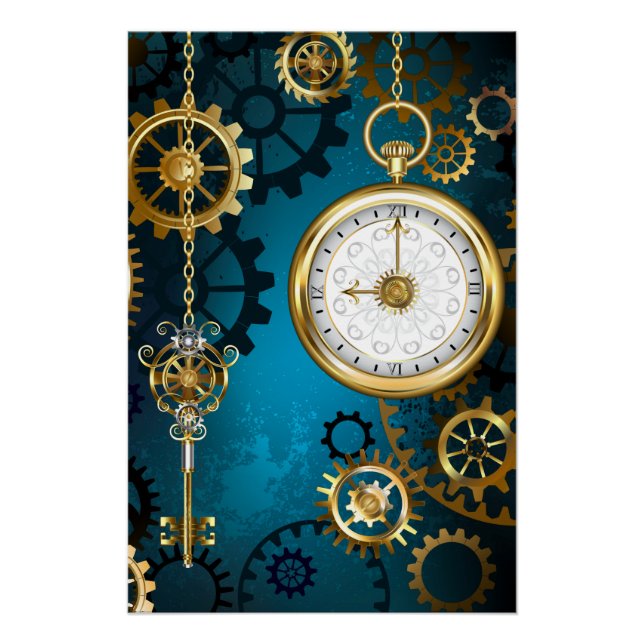 Steampunk turquoise Background with Gears Poster (Front)