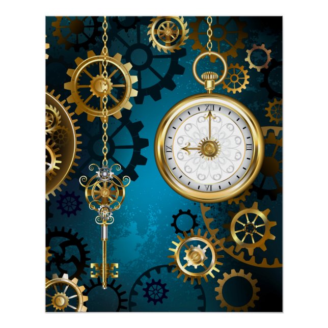 Steampunk turquoise Background with Gears Poster (Front)