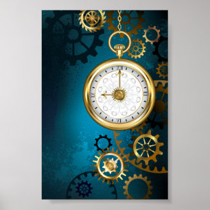 Steampunk turquoise Background with Gears Poster