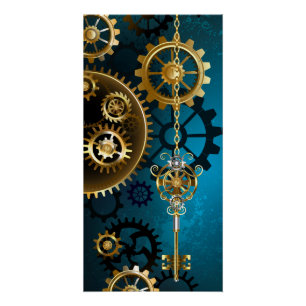Steampunk turquoise Background with Gears Poster