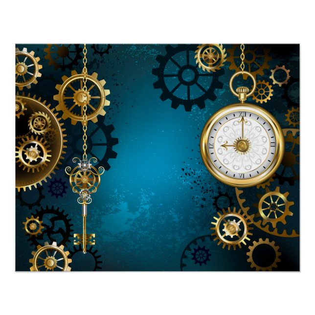 Steampunk turquoise Background with Gears Poster (Front)