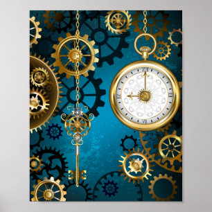 Steampunk turquoise Background with Gears Poster