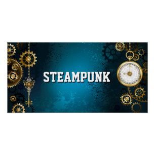 Steampunk turquoise Background with Gears Poster