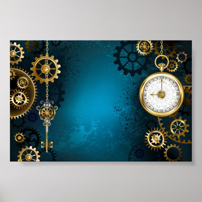 Steampunk turquoise Background with Gears Poster (Front)