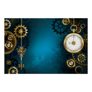 Steampunk turquoise Background with Gears Poster