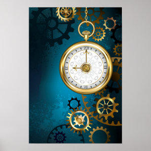Steampunk turquoise Background with Gears Poster