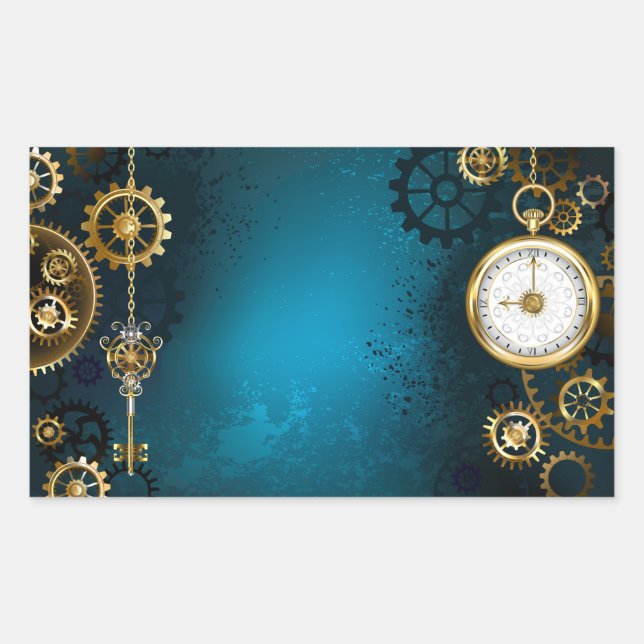 Steampunk turquoise Background with Gears Rectangular Sticker (Front)