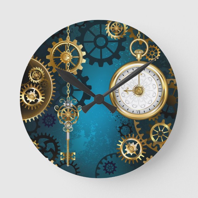 Steampunk turquoise Background with Gears Round Clock (Front)