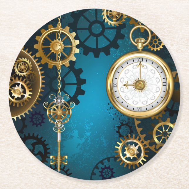 Steampunk turquoise Background with Gears Round Paper Coaster (Front)