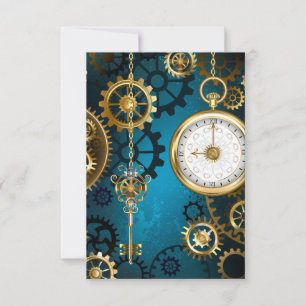 Steampunk turquoise Background with Gears RSVP Card