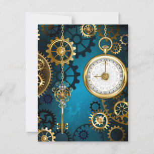 Steampunk turquoise Background with Gears Save The Date