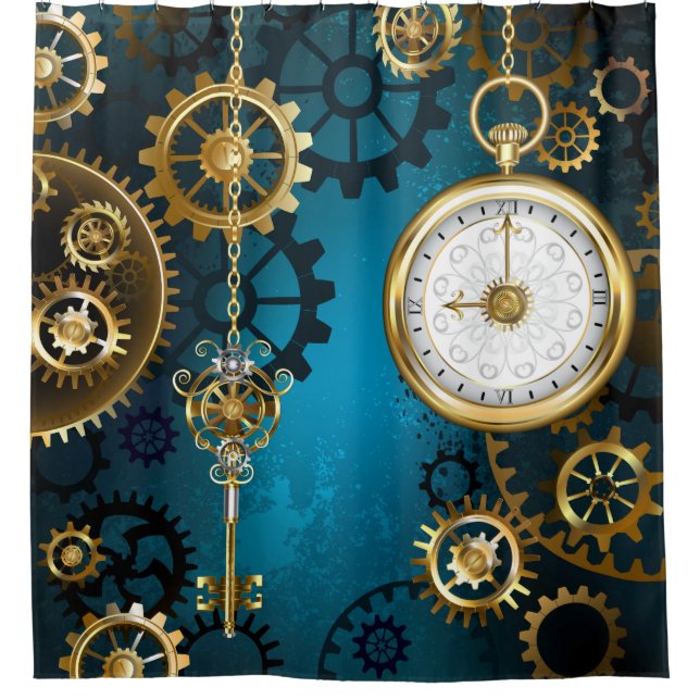 Steampunk turquoise Background with Gears Shower Curtain (Front)