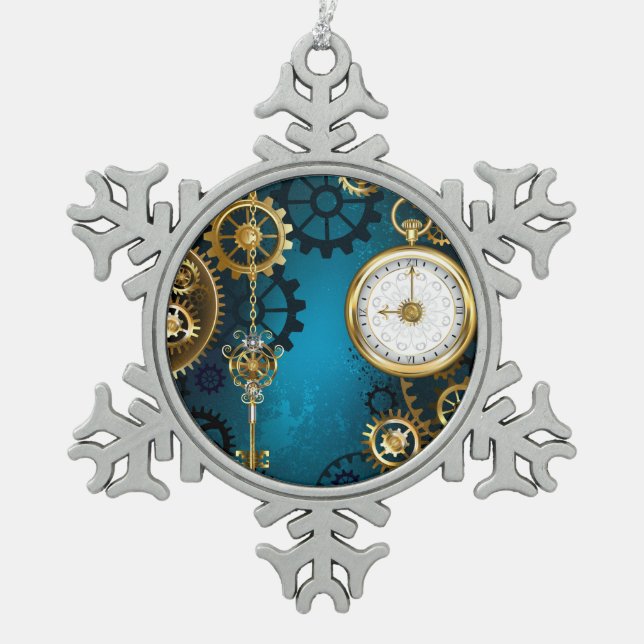 Steampunk turquoise Background with Gears Snowflake Pewter Christmas Ornament (Front)