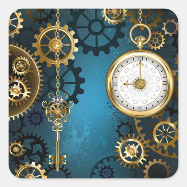 Steampunk turquoise Background with Gears Square Sticker (Front)