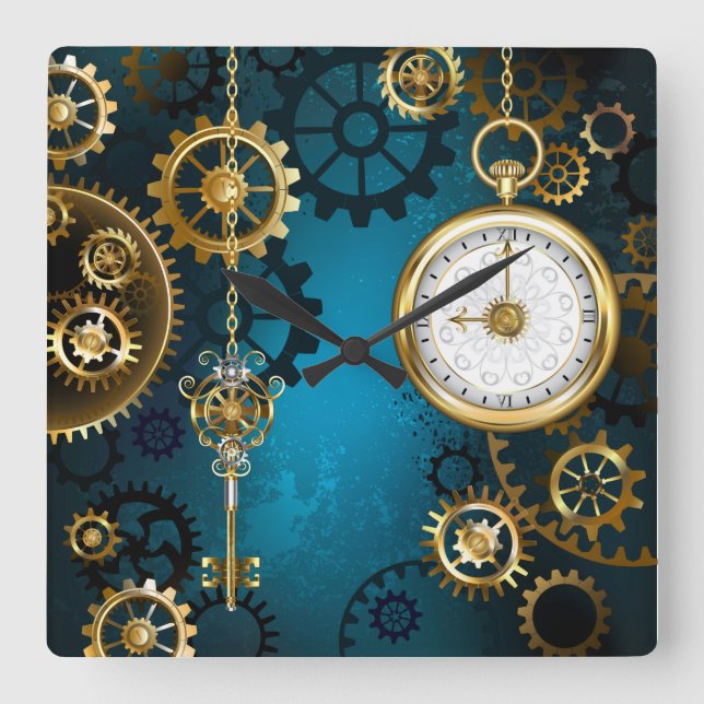 Steampunk turquoise Background with Gears Square Wall Clock (Front)