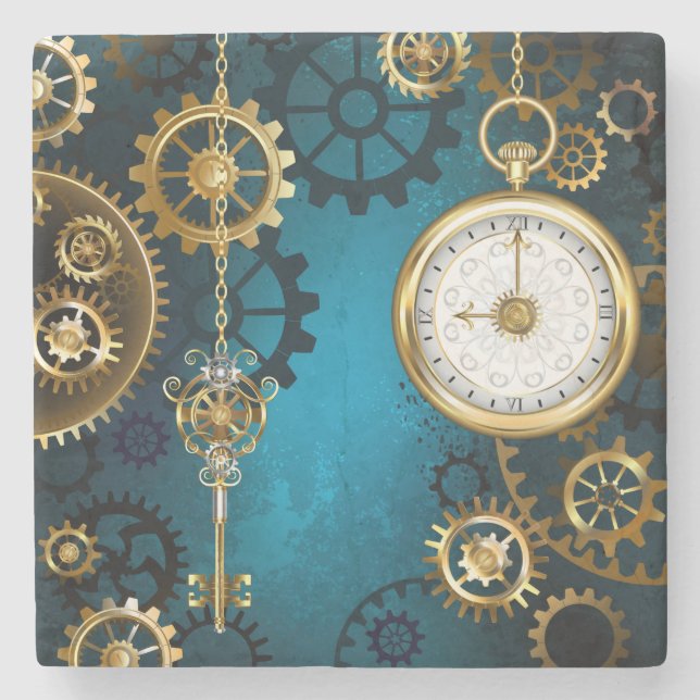 Steampunk turquoise Background with Gears Stone Coaster (Front)