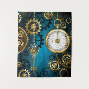 Steampunk turquoise Background with Gears Tapestry