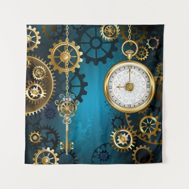 Steampunk turquoise Background with Gears Tapestry (Front)
