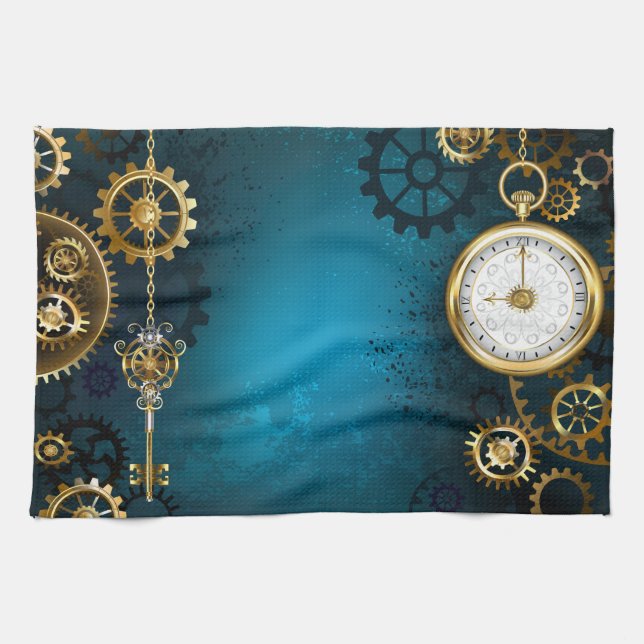 Steampunk turquoise Background with Gears Tea Towel (Horizontal)