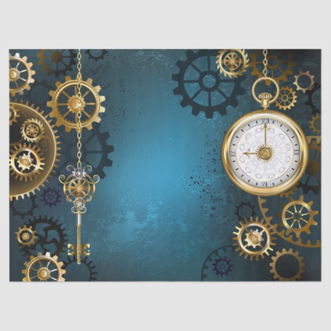 Steampunk turquoise Background with Gears Tissue Paper (Front)
