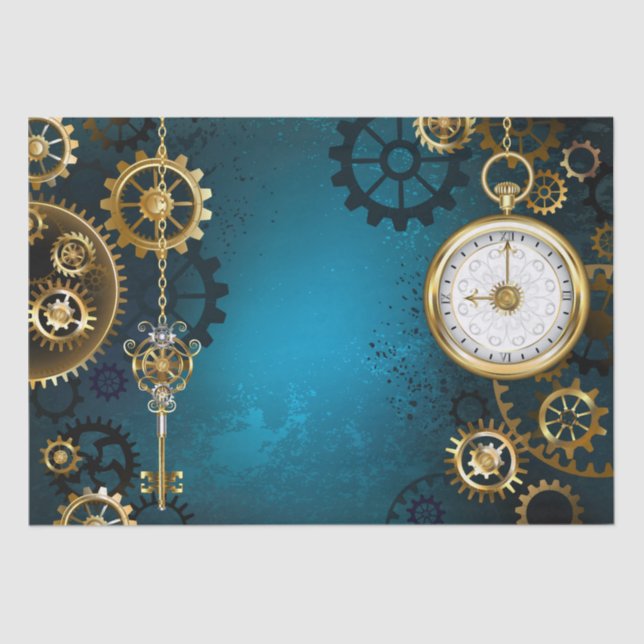 Steampunk turquoise Background with Gears Tissue Paper (Front)