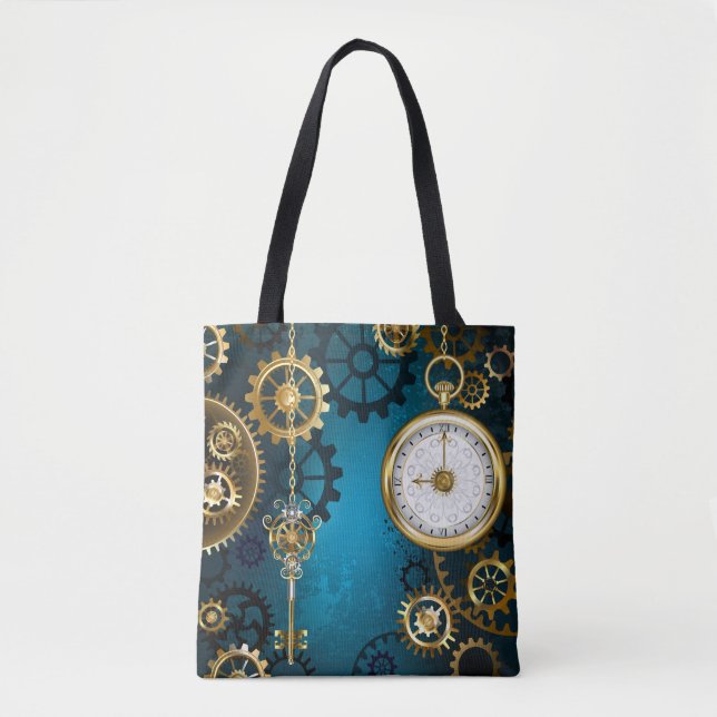 Steampunk turquoise Background with Gears Tote Bag (Front)