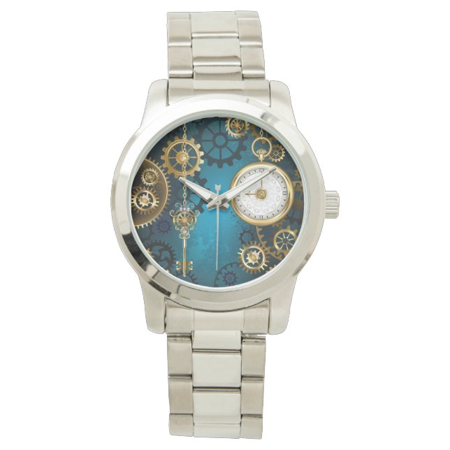 Steampunk turquoise Background with Gears Watch (Front)