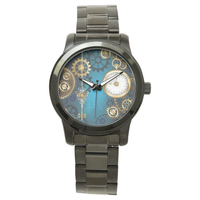 Steampunk turquoise Background with Gears Watch (Front)