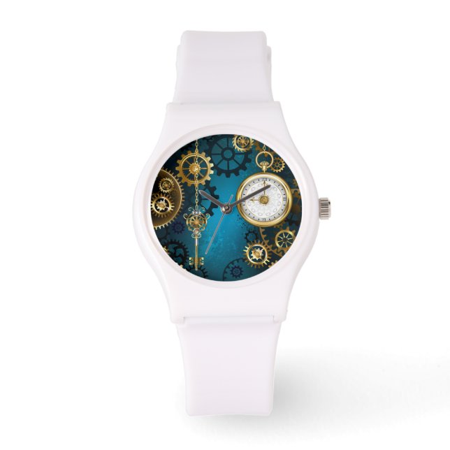 Steampunk turquoise Background with Gears Watch (Front)
