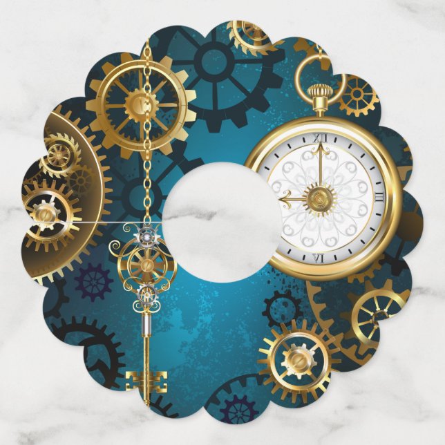 Steampunk turquoise Background with Gears Wine Glass Tag (Front)